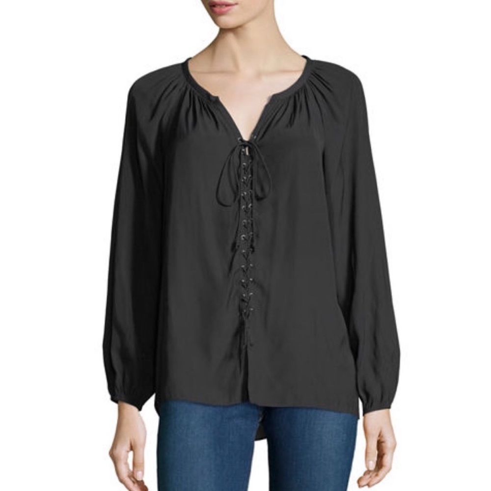 Ramy Brook Kat Lace Up Blouse Large Black Quiet Luxury Business Casual